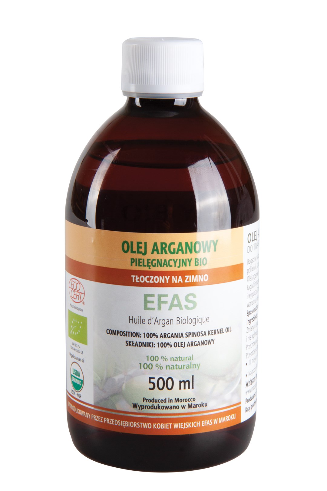 OLEJ ARGANOWY KOSMETYCZNY EFAS 500ml Z CERTYFIKATEM ECOCERT