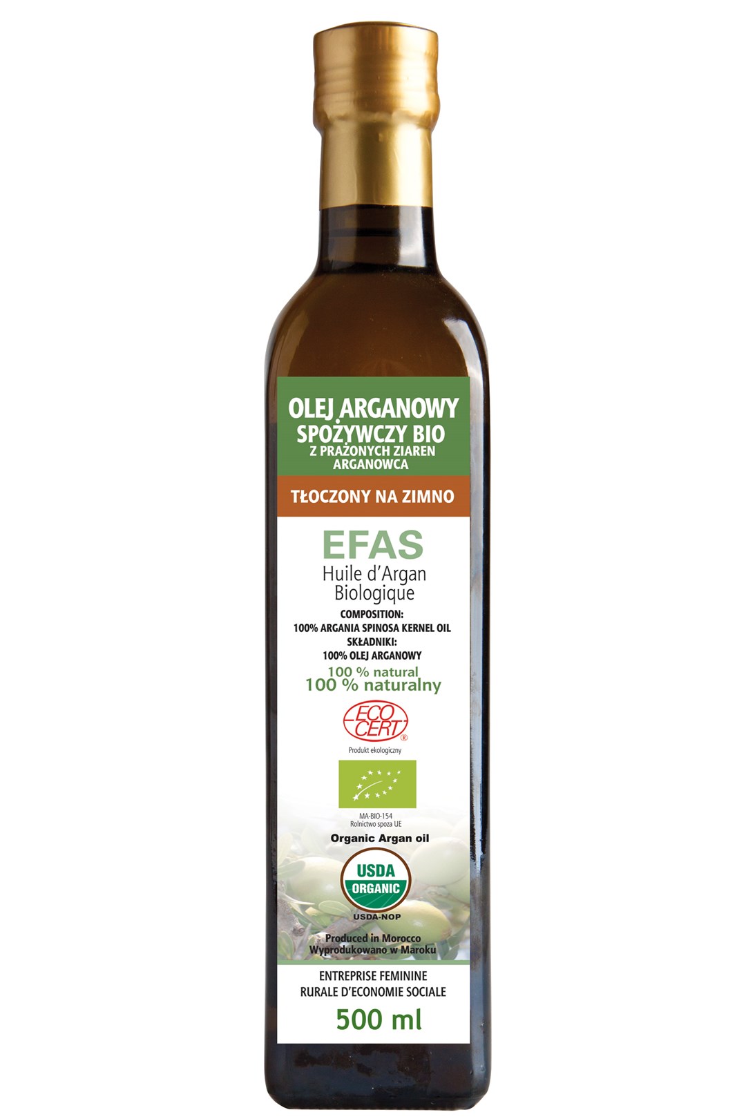 OLEJ ARGANOWY SPOŻYWCZY 500ml z cert. ECOCERT ciemna butelka